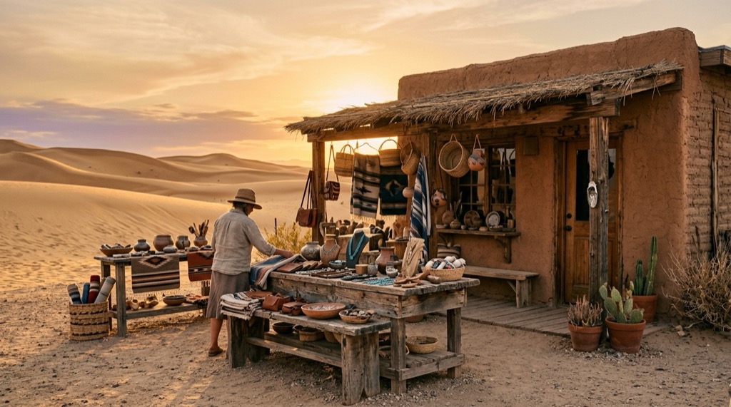 A local desert maker at work in a sunlit workshop near the Imperial Sand Dunes
